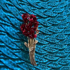 Vintage DM 97 Stamped Red Floral Brooch